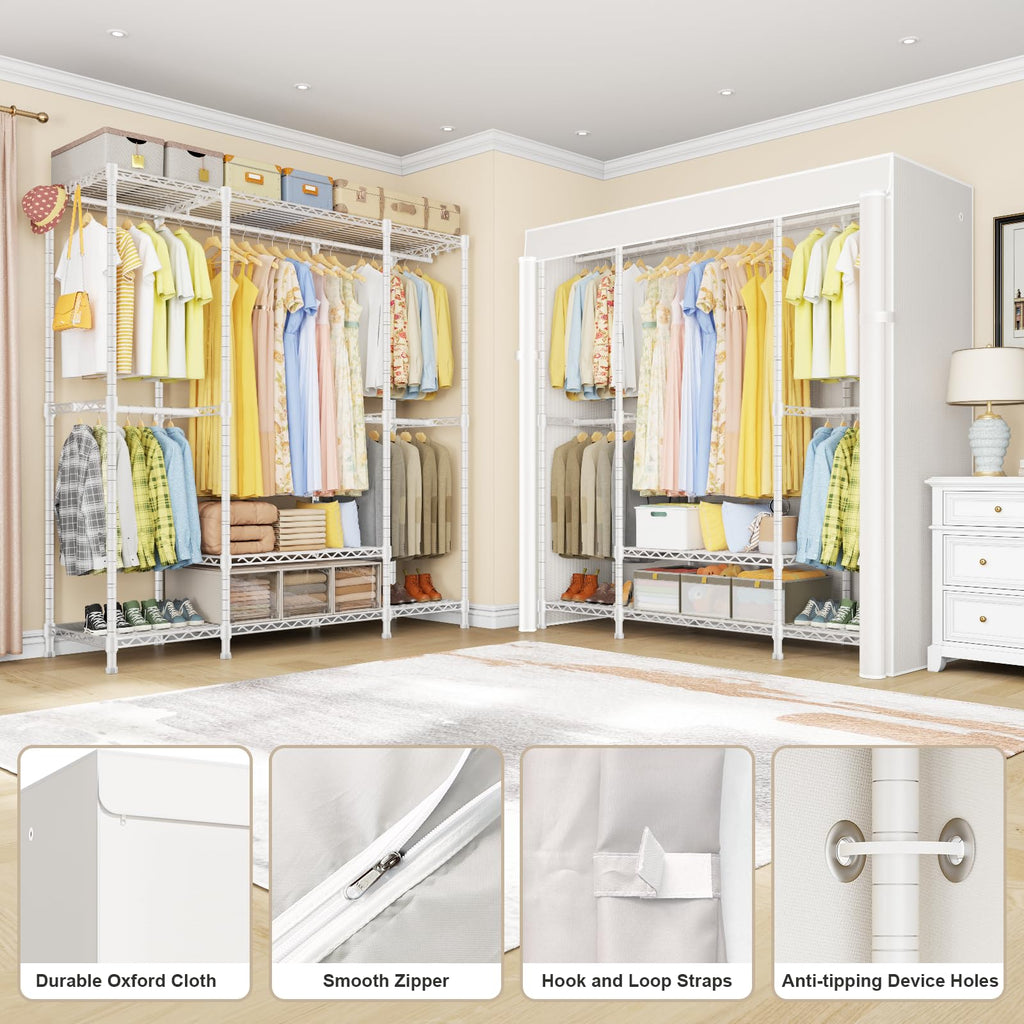 E3C White Clothes Rack with Beige Cover, Heavy Duty Garment Rack
