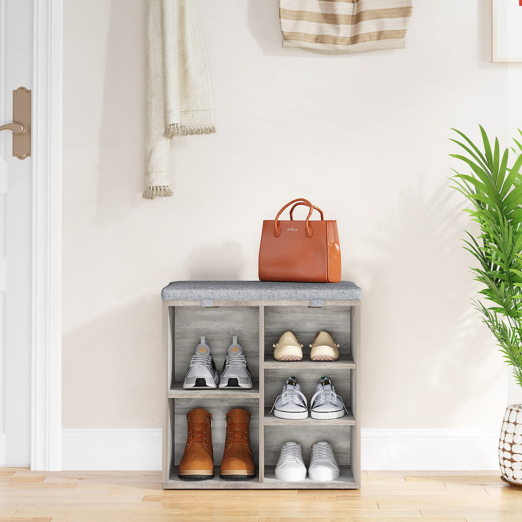 20in Shoe Bench Entryway with Storage, Cubby Storage Bench with Cushion, Small Shoe Rack Bench with 3-Tier Adjustable