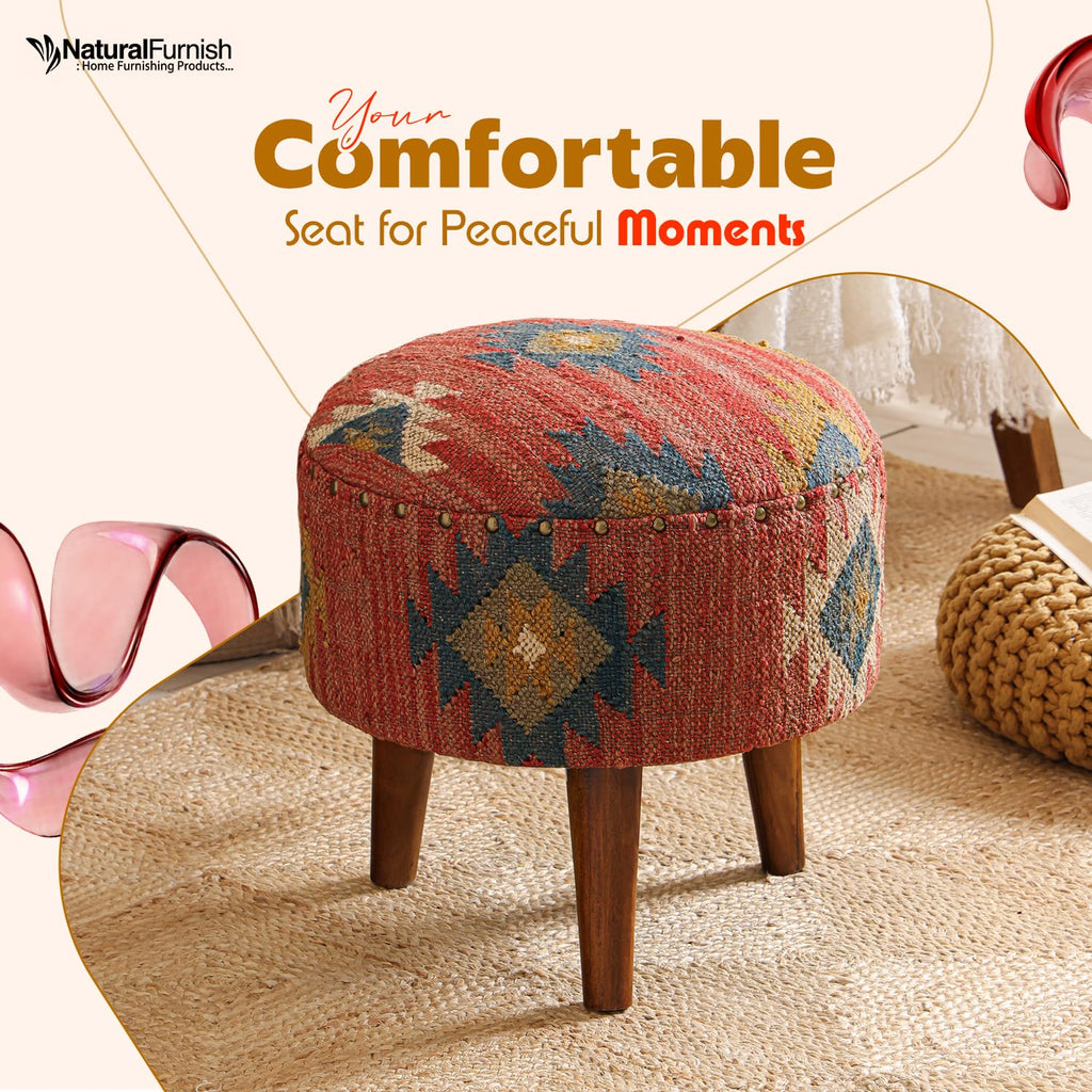 Handmade Kilim Jute Pouf Ottoman Stool | Round Upholstered Seating with Acacia Wood Legs | Decorative Foot Rest