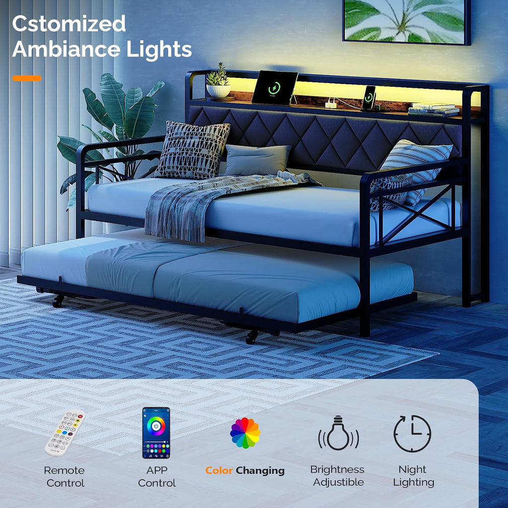 Full Daybed with Trundle Bed, Upholstered Day Bed with LED Light & Charing Station, Sofa Bed Frame with Storage