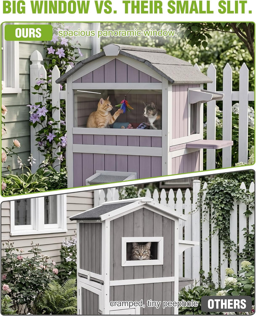Outdoor Cat House Weatherproof Feral Cat Shelter with Escape Doors - 2-Story