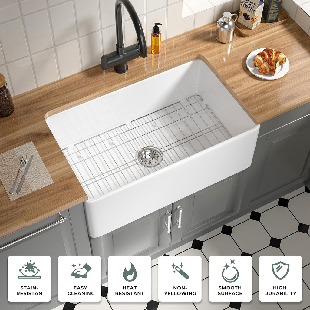 Fireclay Farmhouse Sink 30 x 18 Inch White Apron Front Kitchen Sink | Farm Sink for Laundry,Kitchen, Heavy Duty