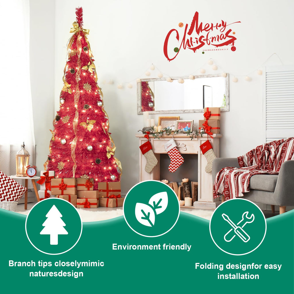 6ft Pop Up Artificial with Lights, Decorated Prelit Collapsible with 150 Warm White Lights, Pull Up Xmas Trees for