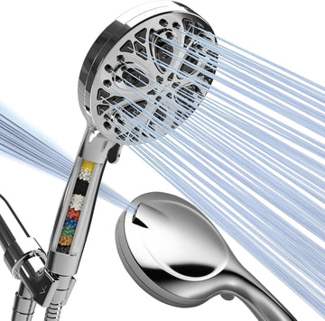 10-Mode Handheld Shower Head with Filter - 5" High Pressure Filtered Shower Head with Touch-to-Clean Nozzles, Built-In Power Jet, Stainless Steel 6ft Hose & Bracket (Polished Chrome)