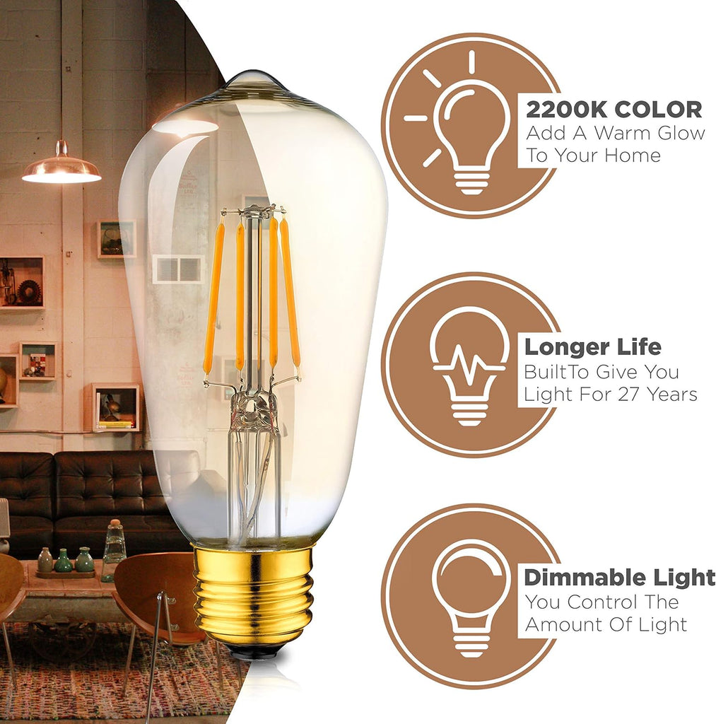 Vintage LED Edison 4W Bulbs - 2200K Dimmable Warm Illumination (40W Equivalent) - E26/27 Amber-Gold Tint