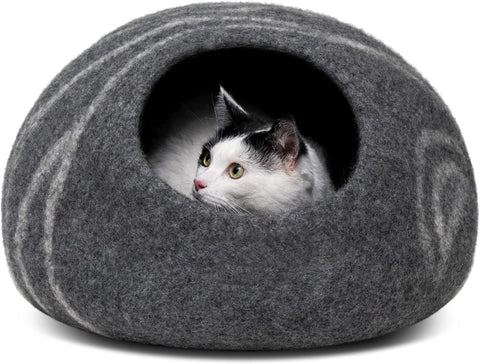 Cat Cave - Premium Felt Cat Bed for Indoor Cats, Handmade Merino Wool (Dark Grey, Medium)