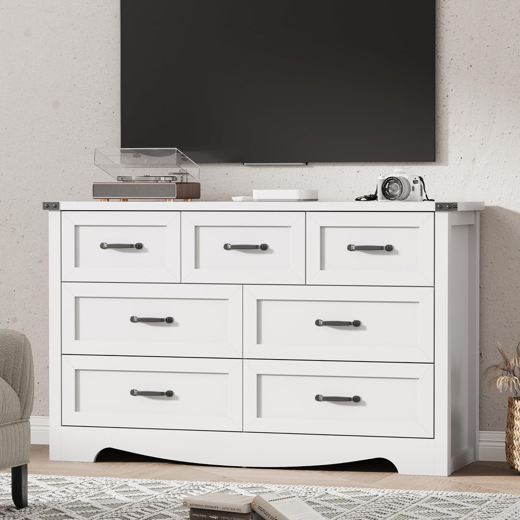 Dresser with 7 Drawers, 48" Wide Modern Chest of Drawers with Deep Drawers & Mental Handle, Wood Dresser TV Stand