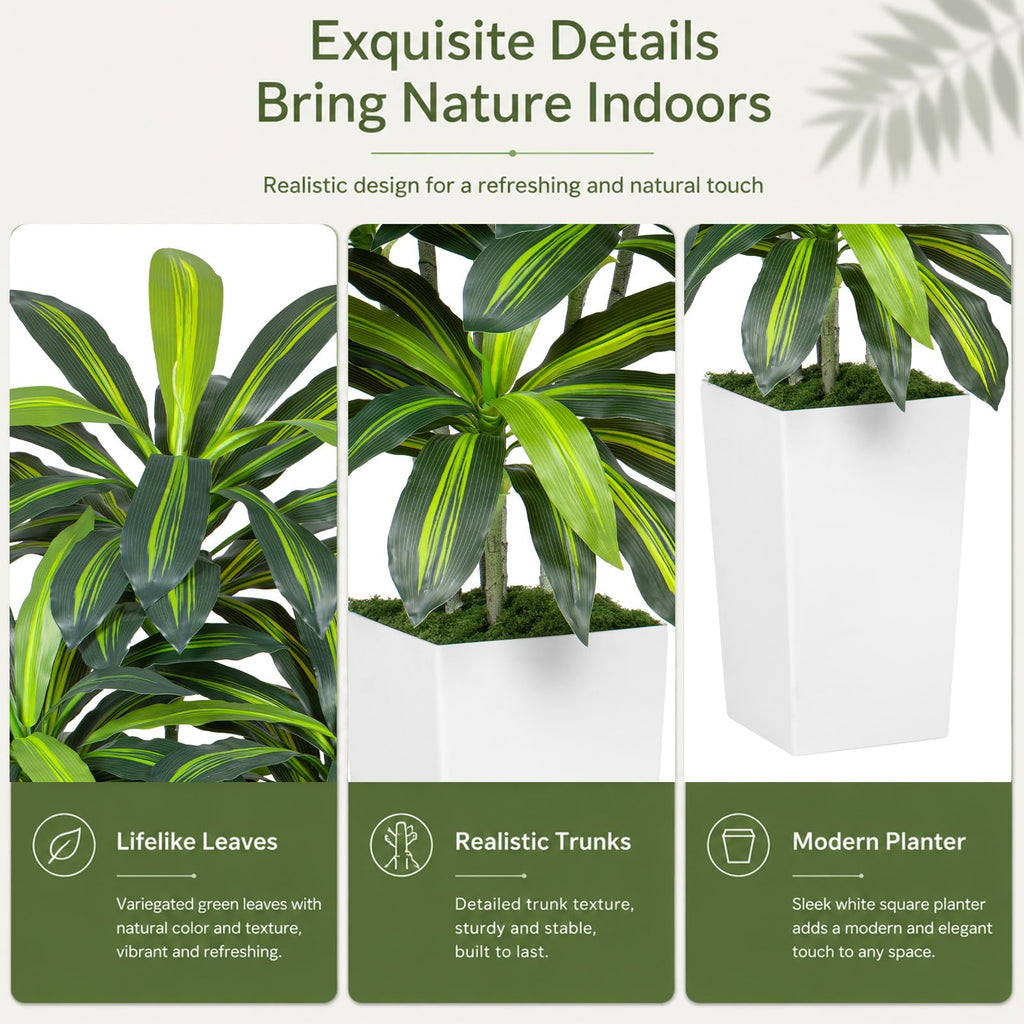 7FT Artificial Dracaena Tree - High-Density Foliage Fake Plant with White Tall Planter - Faux Yucca Floor Plant Decor