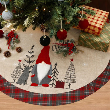 Large Christmas Tree Skirt 48 Inch, Vintage Burlap Christmas Tree Skirt with Buffalo Plaid Edges and Stereo Plush