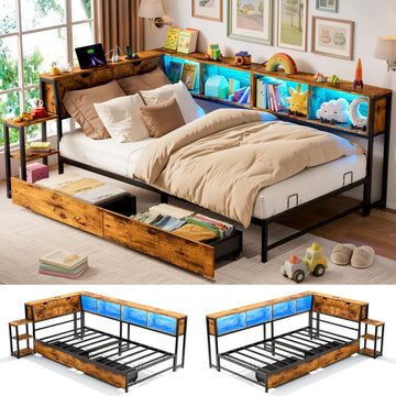 Twin Corner Bed Frame, L-Shaped Daybed, Vintage Brown | Storage Headboard, Side Bookcase, Bedside Rack, Drawers, LED