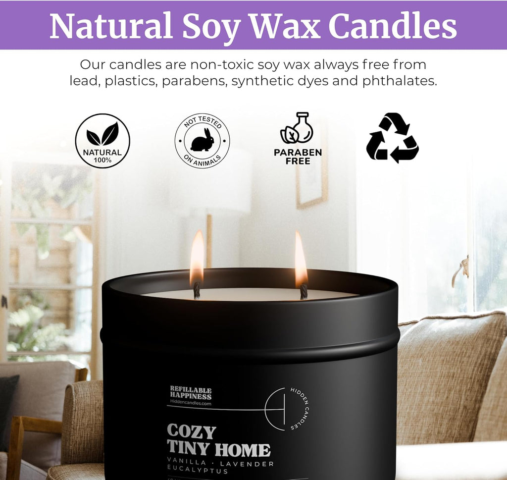 Hidden Candle - Cozy Tiny Home | Vanilla, Lavender & Eucalyptus Scented Candle with Faux Succulent | 10.6oz Soy Wax - Set of 106
