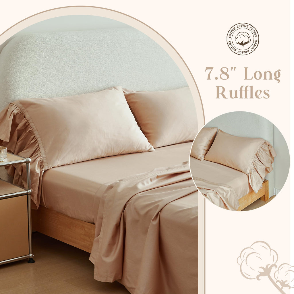 100% Organic Cotton Sheet Set, Long Ruffle Bed Sheets (1 Flat Sheet, 1 Fitted Sheet and 2 Pillowcases) Elegant Shabby