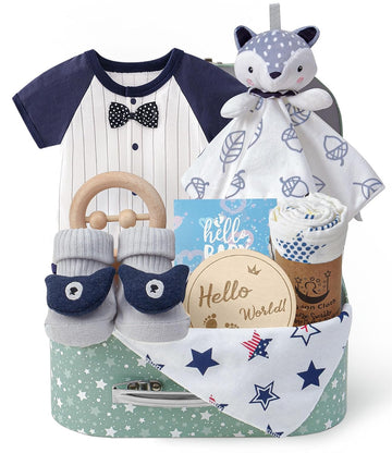 Baby Boy Gifts for Baby Shower, 9pcs Newborn Essential with Fox Lovey/Blanket/Onesie/Wooden