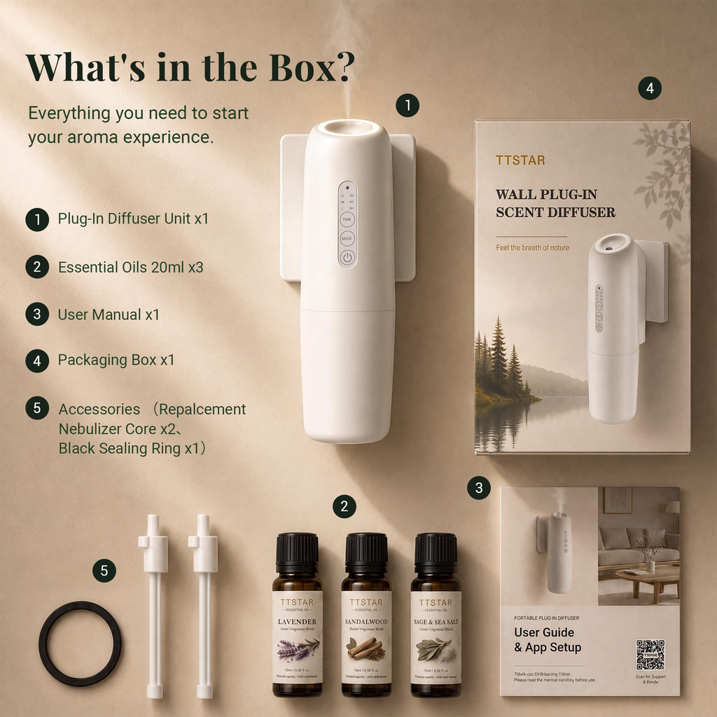 Wall Plug-In Waterless Diffuser with App Control, 3 Fragrance Oils
