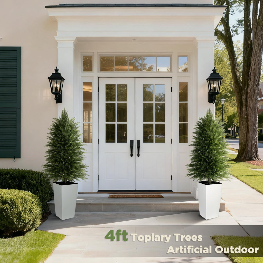 4FT Tall 2 Pack Artificial Cedar Topiary Trees with Full Bushy Columnar Shape, Realistic Faux Cypress in Square White