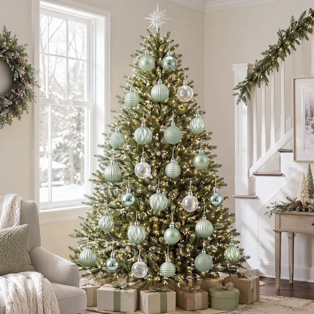 Sage Green Christmas Ornaments Iridescent White Xmas Bulbs - Set of 64
