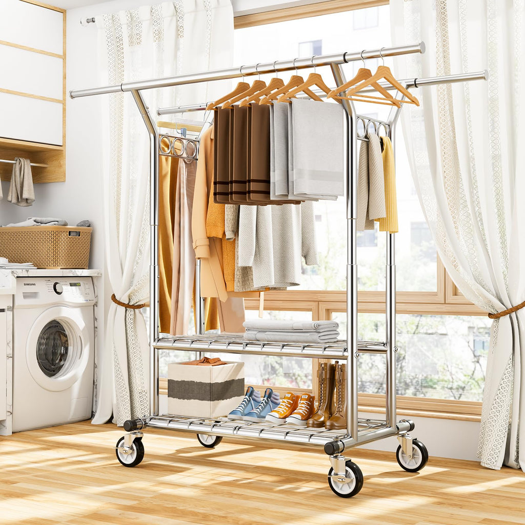 Heavy Duty Clothes Rack 620 LBS, Rolling Clothing Rack with Wheels
