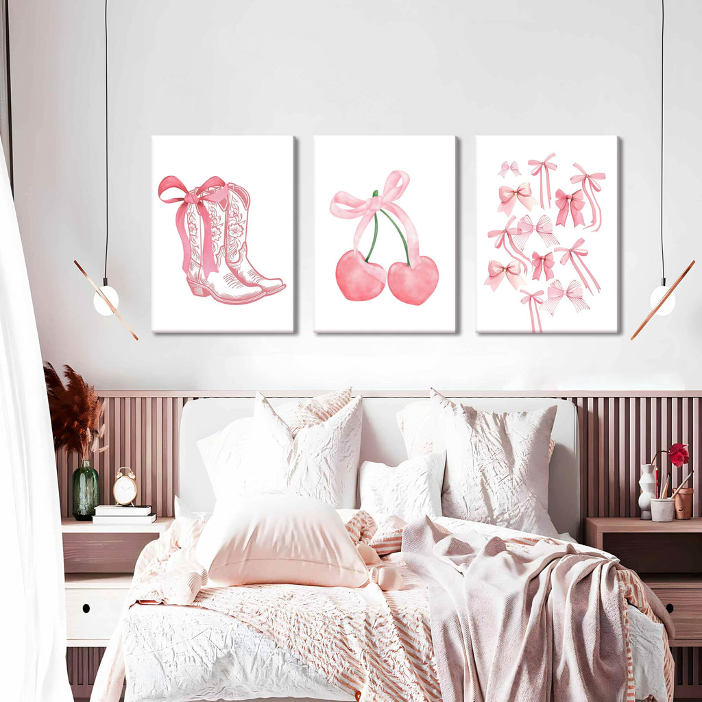 Fashion Pink Bows Wall Art Set of 3, Preppy Watercolor Cherry Cowboy Boots Wall Decor Posters, Cute Aesthetic Room