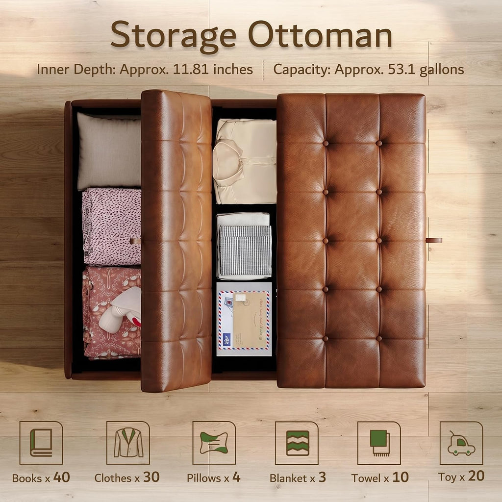 Brown Leather 36 Inch Extra Large Lift Top Living Room Storage Ottoman | Tufted Upholstered Shoe Storage Entry Bench