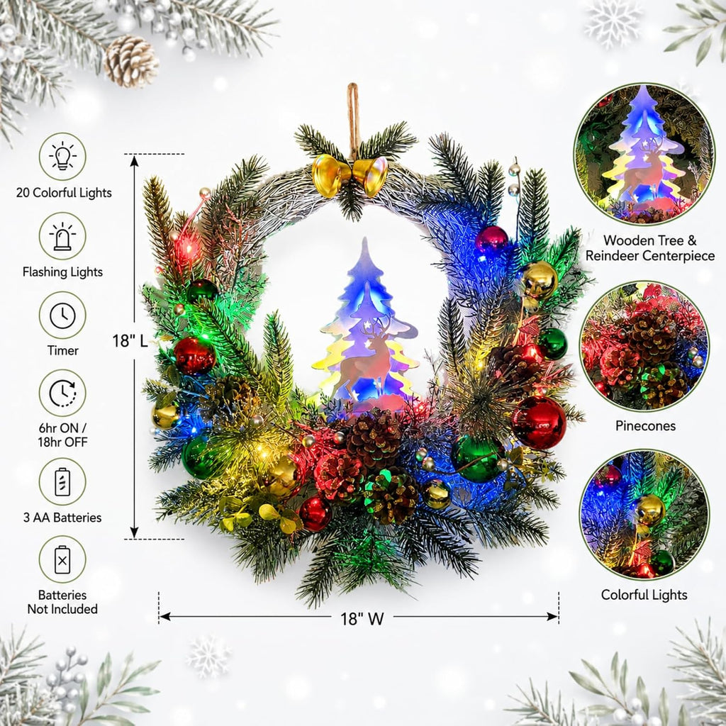 Pre-Lit Flocked Christmas Wreath with Reindeer 20 LEDs and Timer