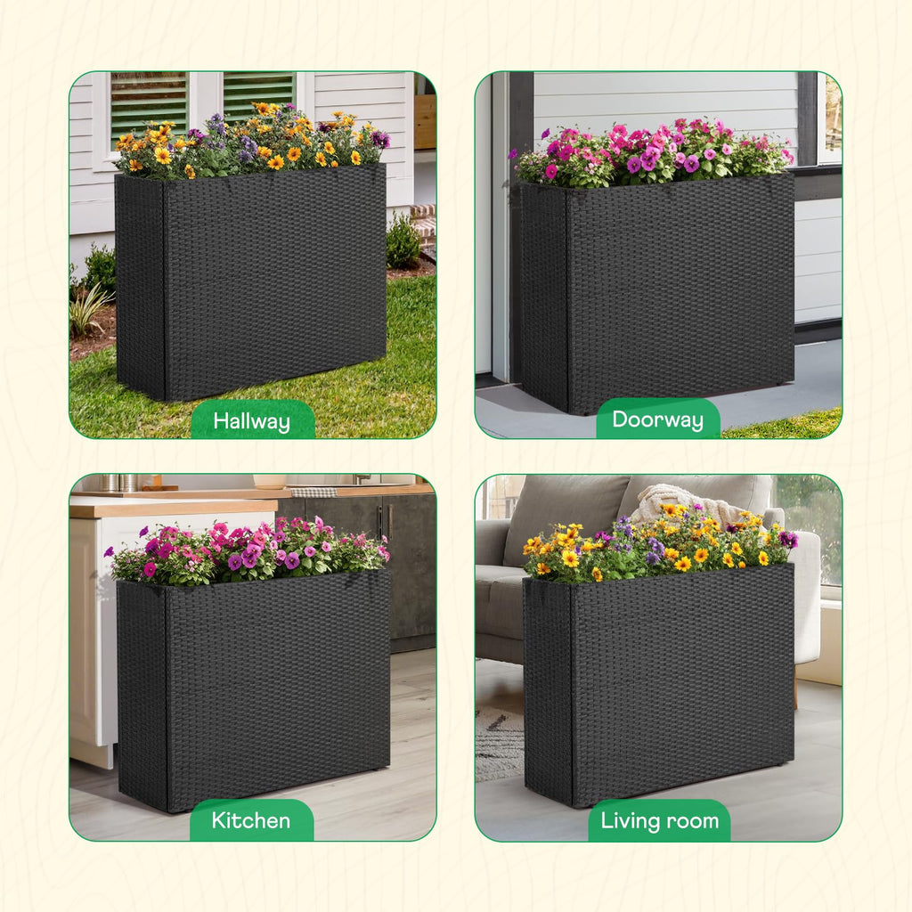 Rattan Wicker Planters for Outdoor, 24-Inch Tall, Rectangle Black