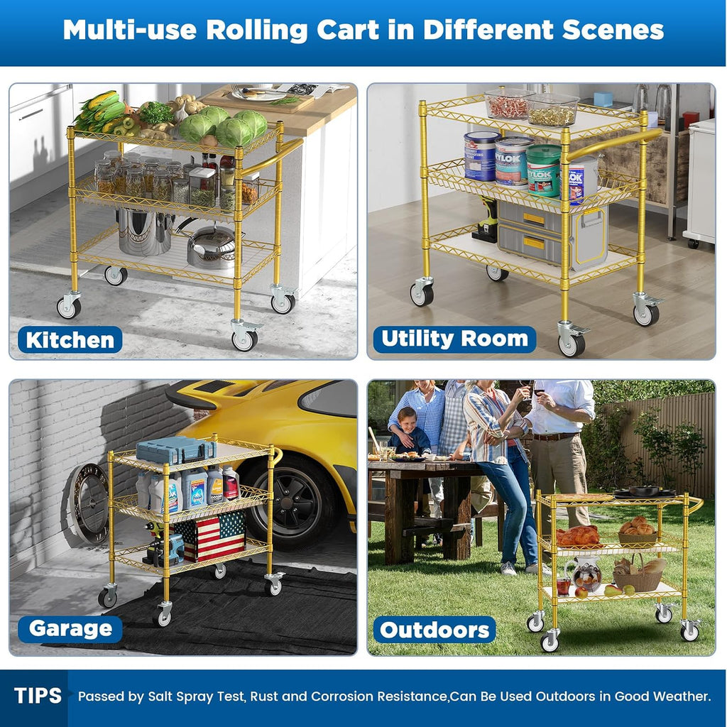3 Tier Rolling Carts with Wheels, Heavy Duty Rolling Utility Cart | NSF Commercial Grade Metal Cart with Handle&Shelf