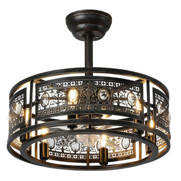 19.3" Vintage Crystal Caged Ceiling Fan with Light, Victorian Rustic Fandelier, Black Enclosed Ceiling Fan with