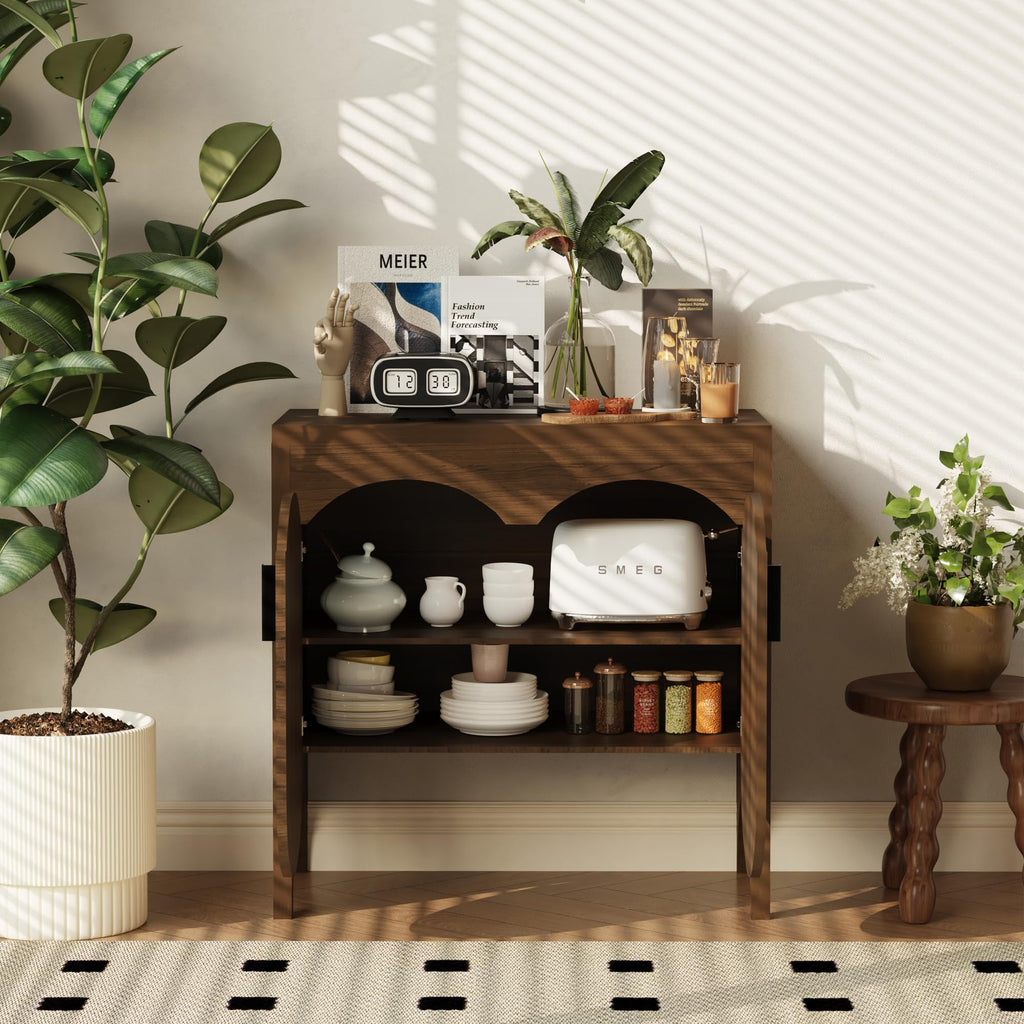 Fluted Sideboard Cabinet with Storage, Buffet Cabinet with Adjustable Shelves, Accent Storage Cabinets with Carved Arc