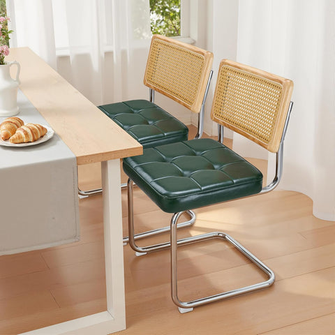 Modern Dining Chairs Set of 2, Faux Leather Upholstered Dining Room Chairs with Cane Rattan Back and Metal Legs, Boho Kitchen Chairs, Green