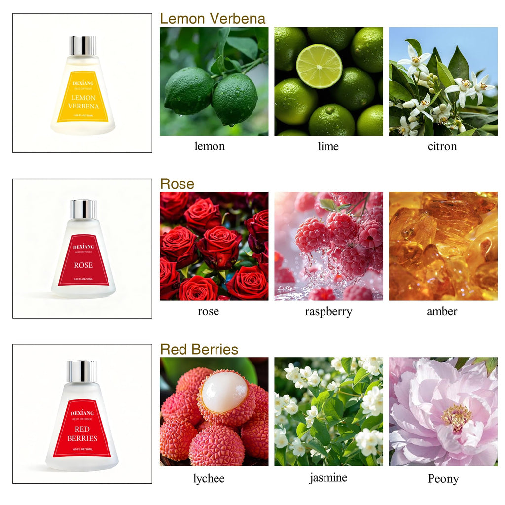 Reed Diffuser Set of 3 Packs, Lemon Verbena/Rose/red Berry Oil Diffuser Reed Diffuser for Decor 1.7 Fl.oz, Total 5.1Oz