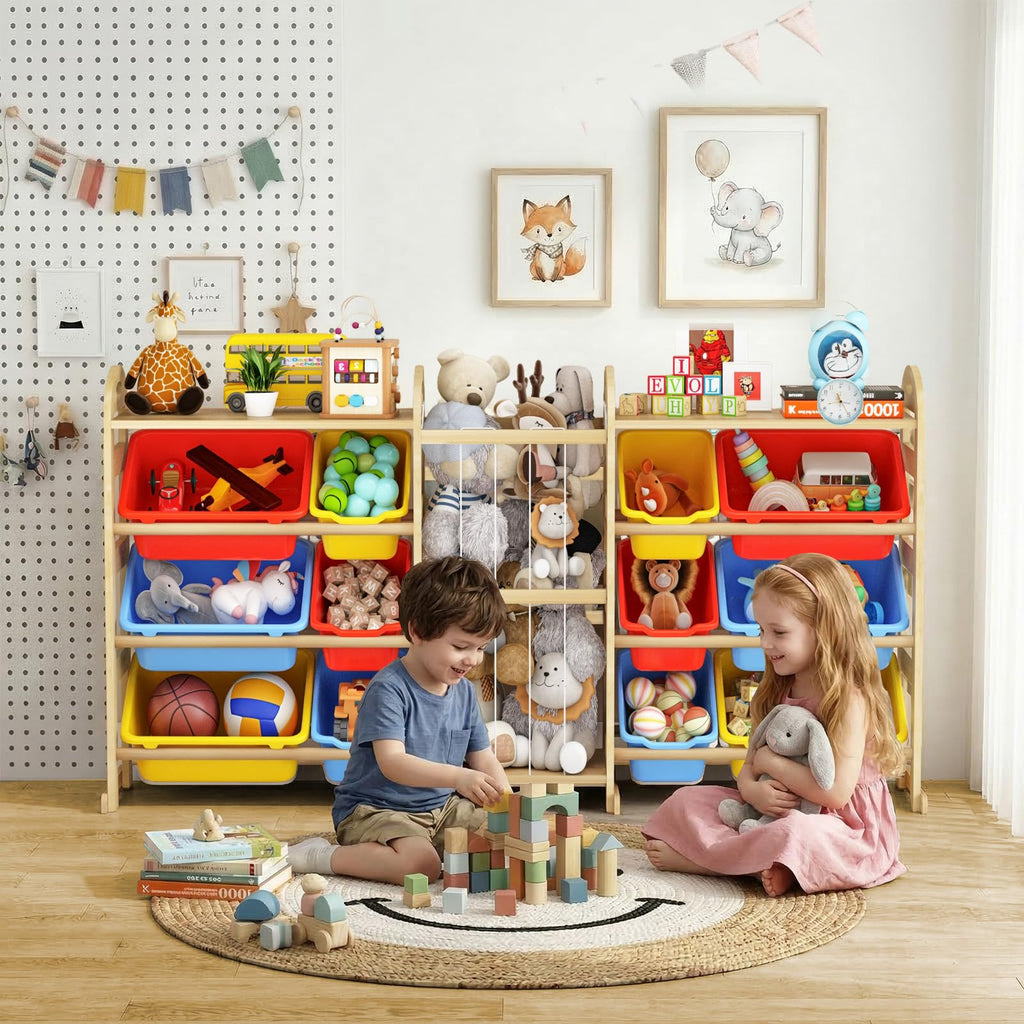 Toy Storage Organizer with Stuffed Animal Storage, 66.1"W Multi Color, 2-Shelf Bookcase / Bookshelf with 12 Toy Bins