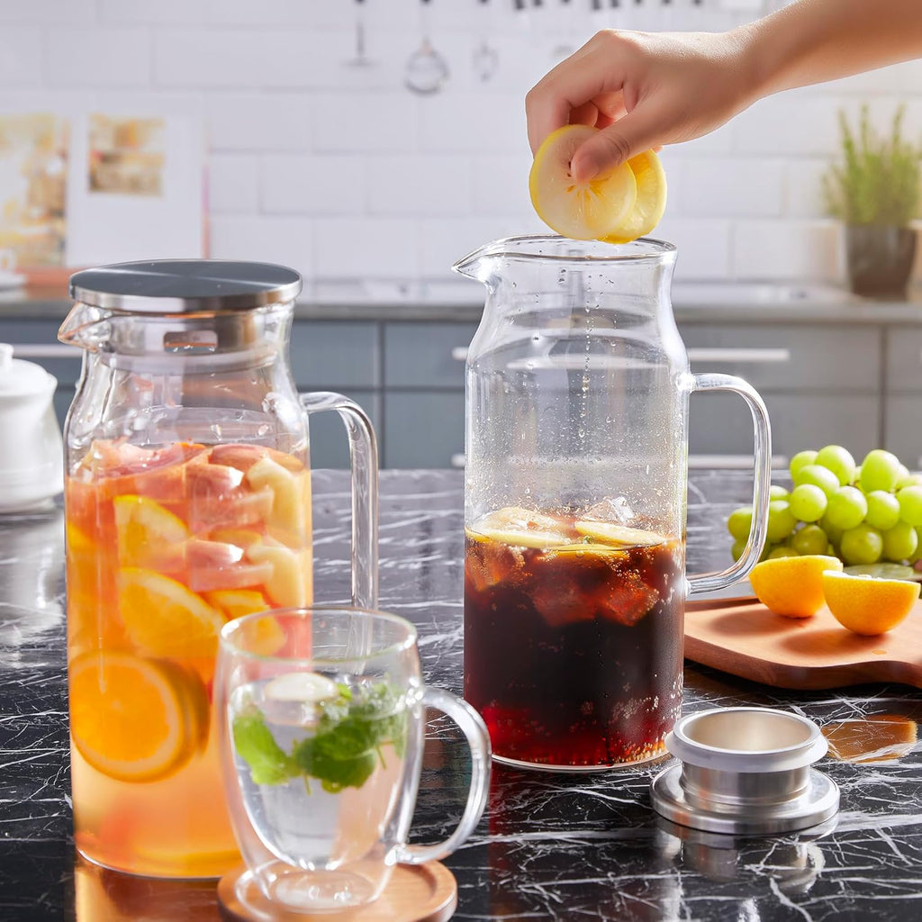 2 Liter 68 oz Glass Pitcher with Lid and Handle, Glass Carafe for Hot/Cold Water, Large Iced Tea Pitcher for Coffee