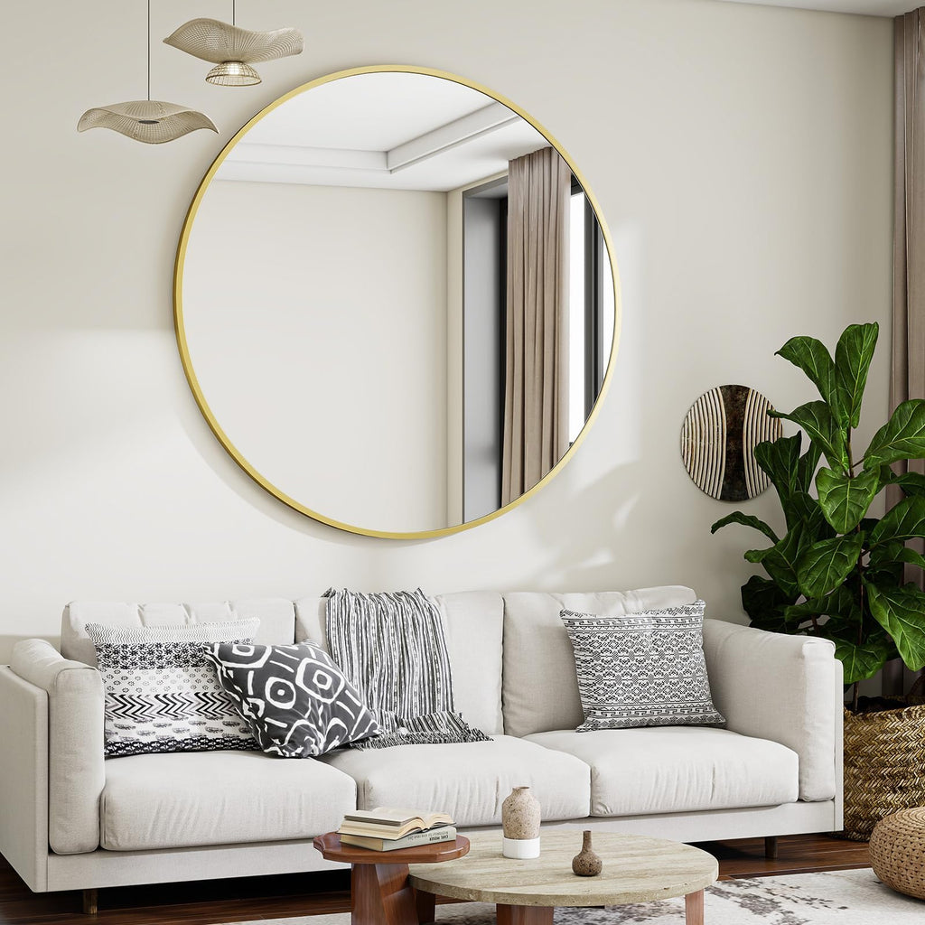 Large Gold Round Bathroom Mirror 48" with Thin Metal Frame