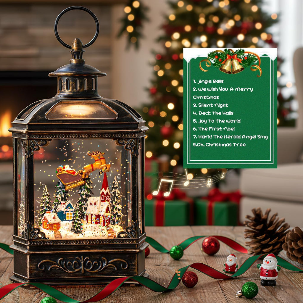 Christmas Snow Globe Lighted Church & Flying Santa Scene, Musical Snow Water Lantern Swirling Glittering Home
