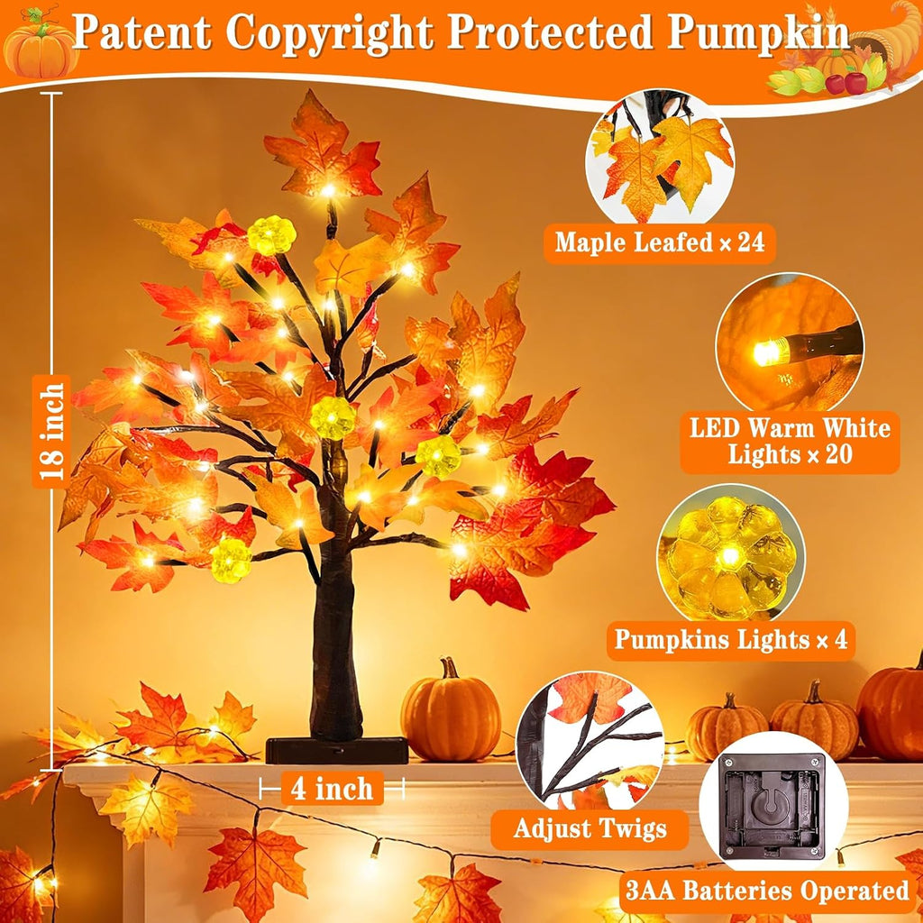 Prelit Fall Maple Tree with Pumpkin Lights Timer 24 Warm White LED 18 Inch