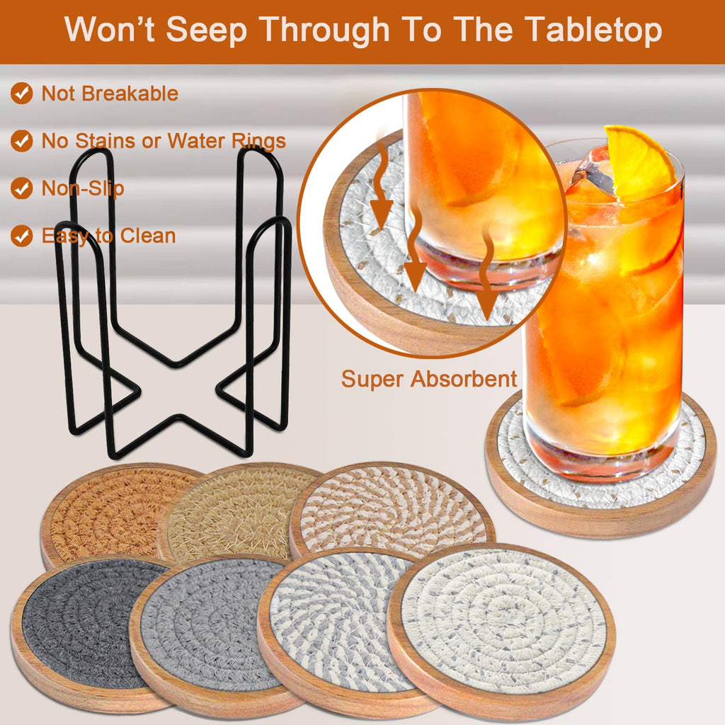 Coasters for Drinks Absorbent Sets of 8, Woven Coasters with Holder, Wood Coasters for Coffee Table, Housewarming