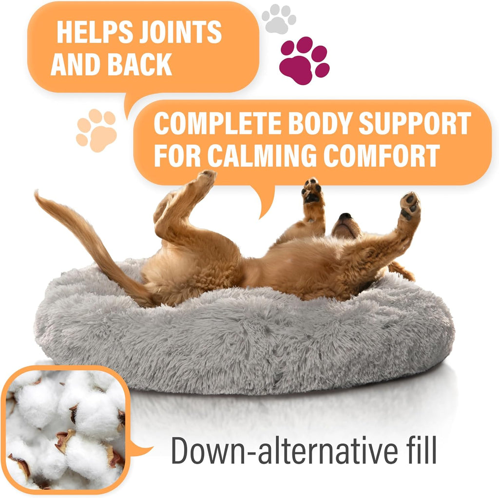 Premium Large Donut Dog Bed, Fits Up to 100 lbs, Machine Washable Cushion, Plush Long Pile Faux Fur Fabric, Portable