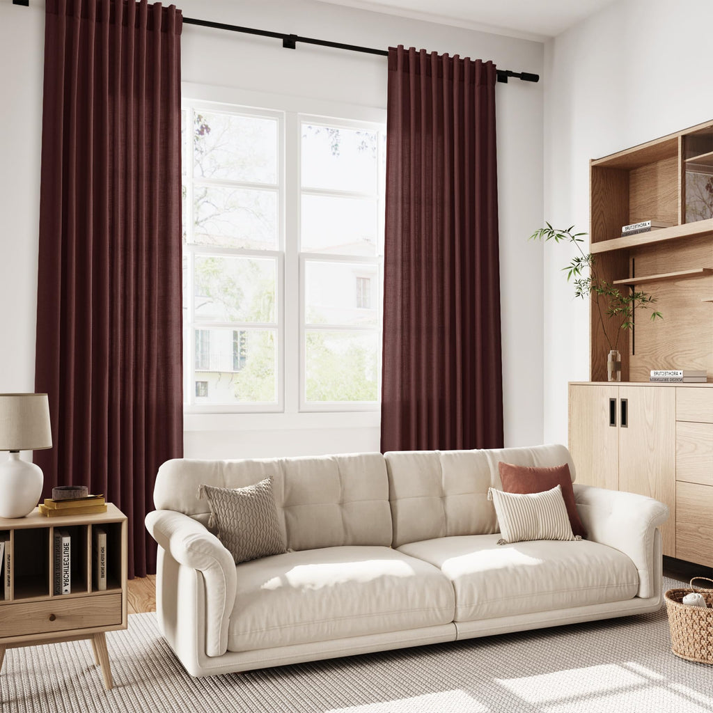 Extra Long Curtain Reddish Brown Morden Linen Blend Light Filtering Back Tab Curtains for Long Winodws 120 Inches