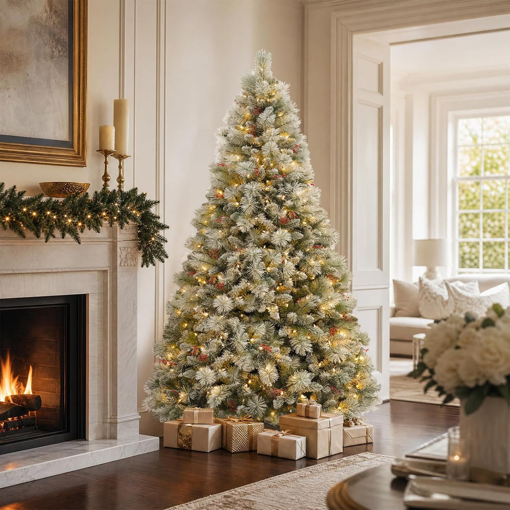 Prelit Flocked Christmas Tree with Pine Needle and Brerries