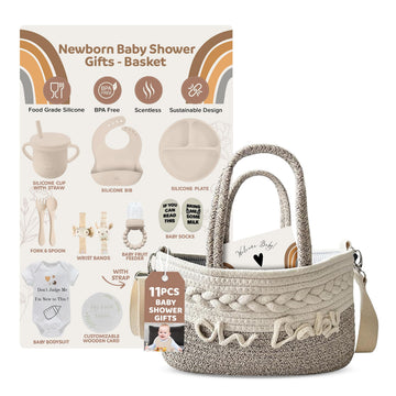 Gift Set | 11 Piece Gender Neutral Newborn Gift Basket for Boys & Girls - Baby Essentials with Plate, Bib, Spoon