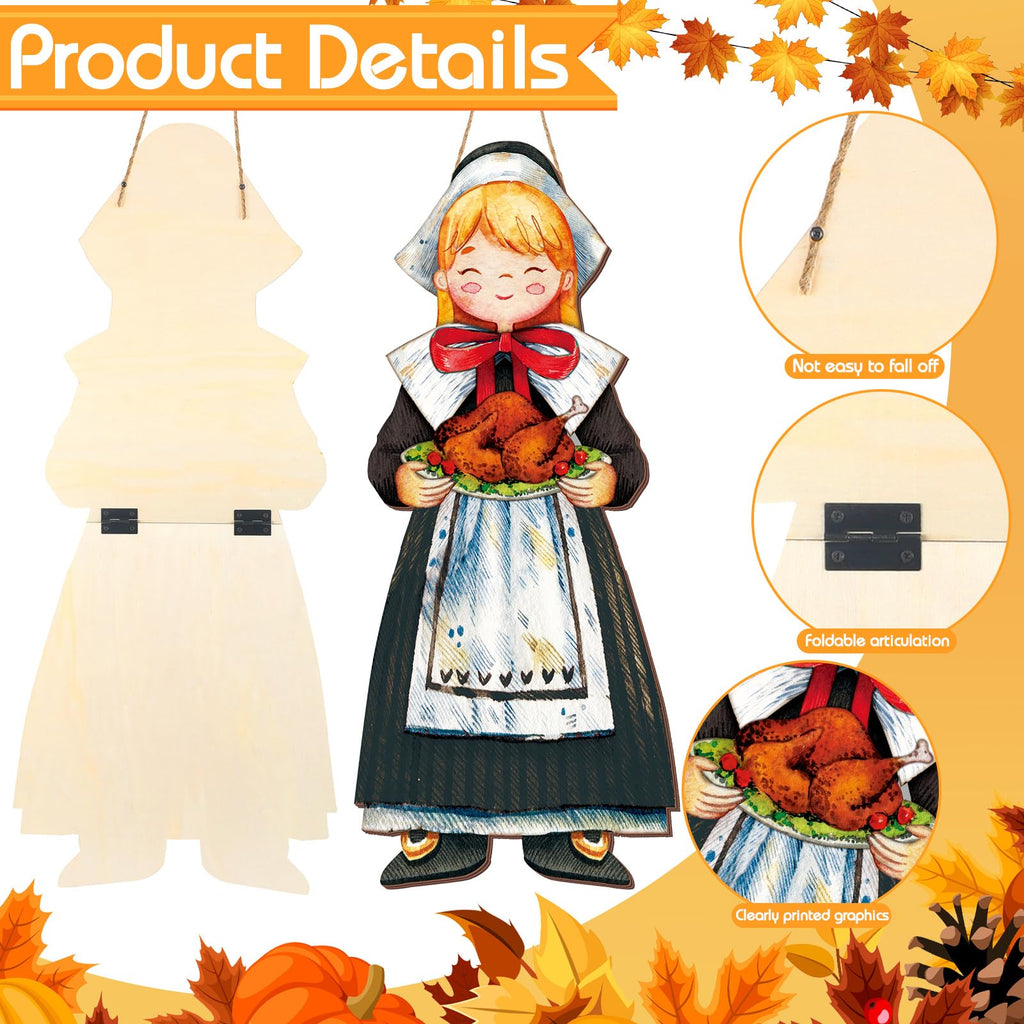 2 Pcs Fall Thanksgiving Pilgrim Boy and Girl Hanging Sign