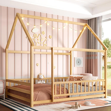 House Floor Bed with Guardrails, Montessori Bed for Kids Natural