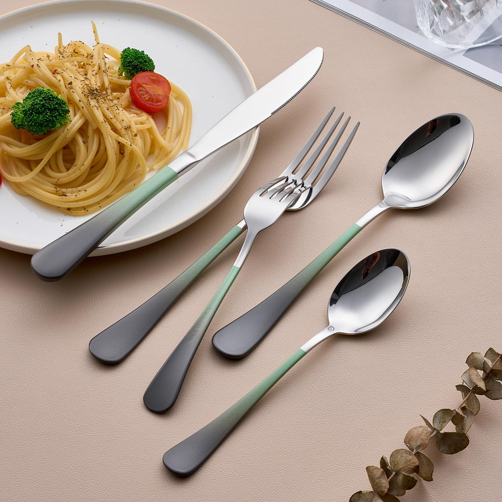 20-Piece Green and Gray Silverware Set for 4, 18/0 Stainless Steel Flatware Cutlery Utensils Set, Include Dinner