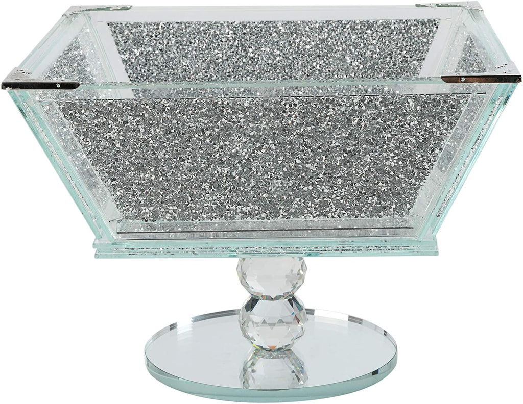 Crystal Extra Large Fruit Bowl Centre Piece Storage Sparkle Crushed Diamond Filled Silver Metal Frame Square Shape