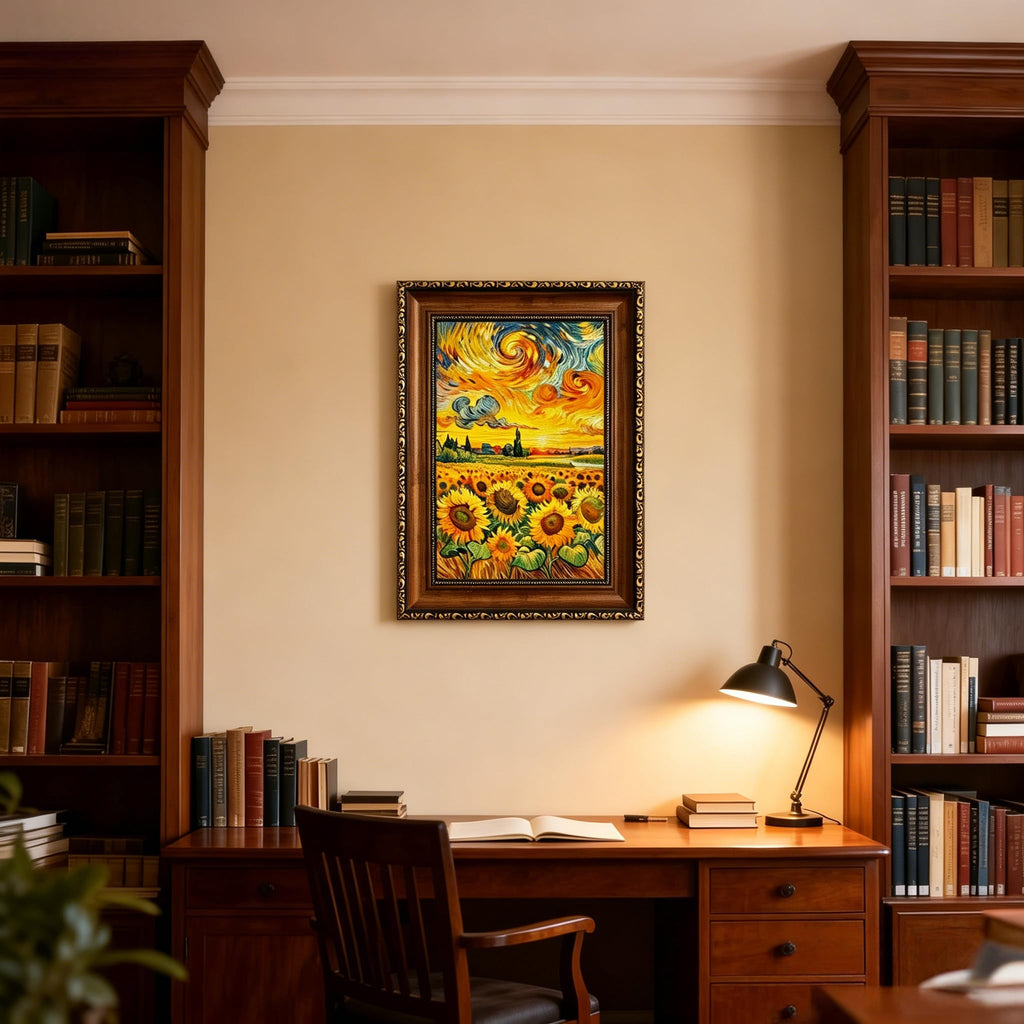 Yellow Sunflower Canvas Wall Art Starry Night Landscape Painting 16x24 In