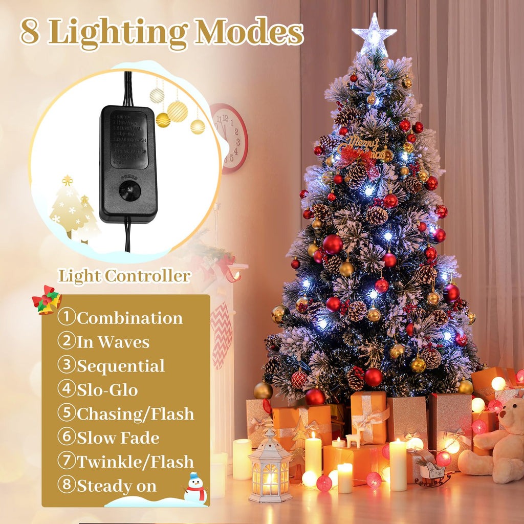 7 FT Pre-lit Fiber Optic Christmas Tree, Artificial Xmas Tree w/270 Snow-Flocked Branch Tips, 76 Cold White LED