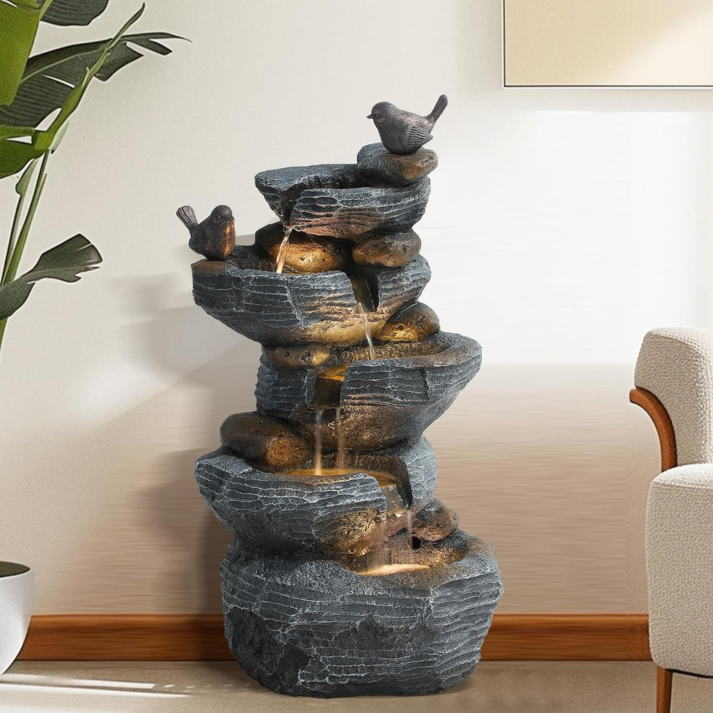 5-Tiers Cascading Rock Water Fountain Outdoor, Waterfalls Fountains | Garden Freestanding Resin Water Feature