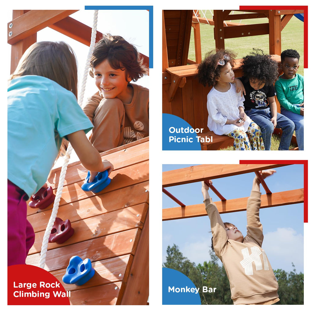 Playground Wooden Swing Sets for Backyard with Playhouse Monkey Bar