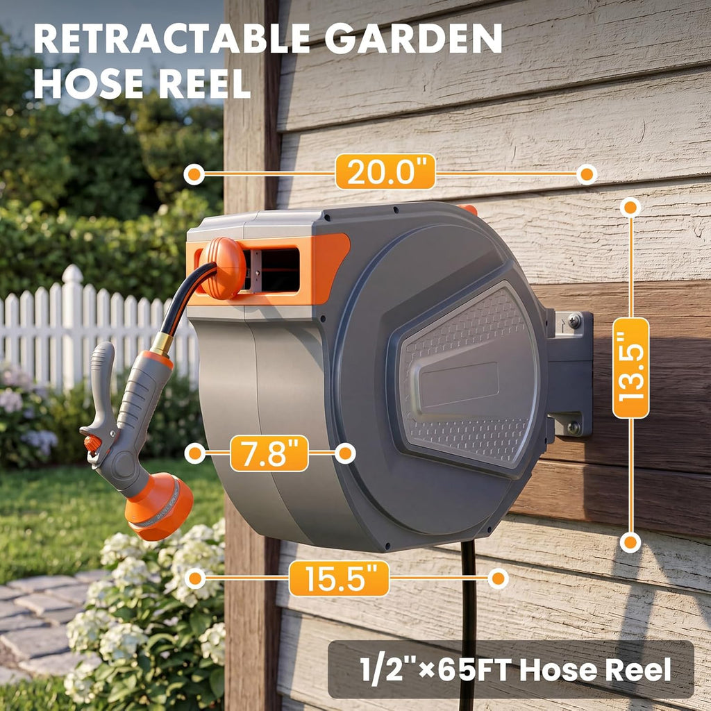 Garden Hose Reel, 1/2" x 65 ft Retractable Heavy Duty Water Hose | Automatic Wall Mounted, 9 Pattern Hose Nozzle