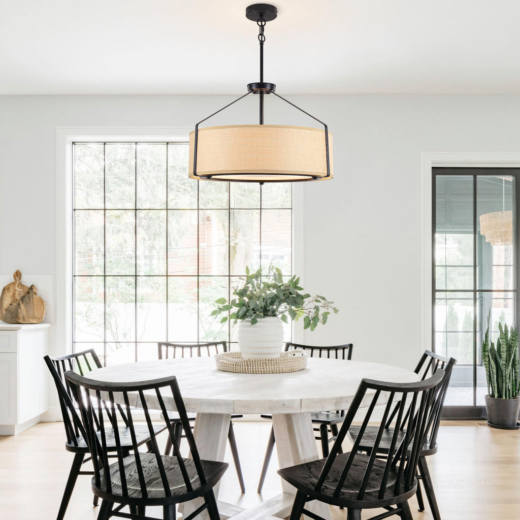 20Inch Drum Chandeliers, Yellow Rattan Drum Chandelier with Metal and Fabric Shade, Adjustable Height, Simple Modern